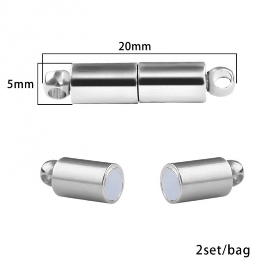 Picture of Zinc Based Alloy Magnetic Clasps Cylinder Silver Tone 20mm x 5mm, 1 Packet ( 2 PCs/Packet)
