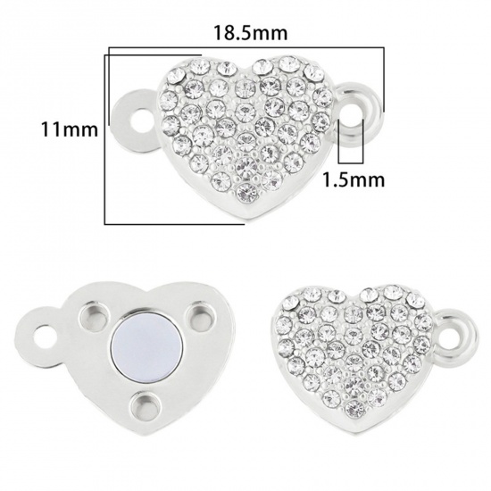 Picture of Zinc Based Alloy Magnetic Clasps Heart Silver Plated Clear 18.5mm x 11mm, 1 Packet ( 2 PCs/Packet)