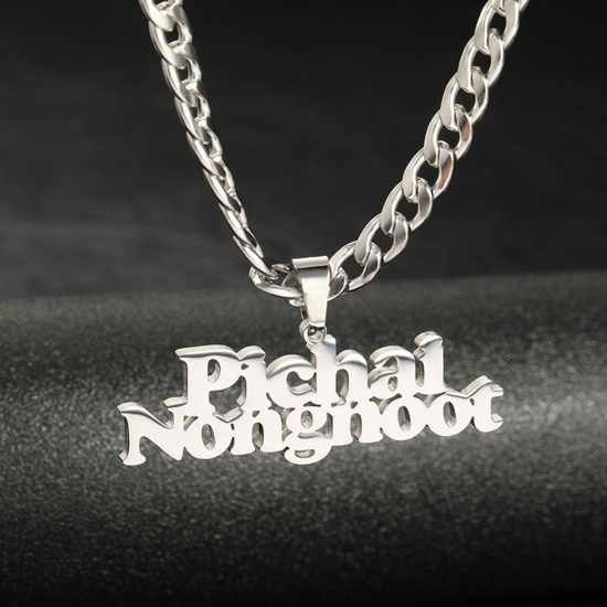 Picture of 304 Stainless Steel Customized Name Necklace Personalized Letter Pendant Silver Tone 35cm(13 6/8") long, 1 Piece