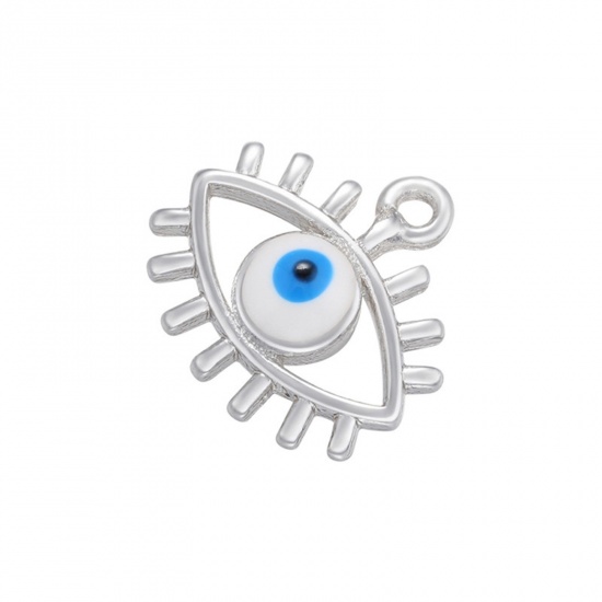 真鍮 宗教 チャーム シルバートーン 白 + 青 邪眼 プロビデンスの目/すべてを見通す目 エナメル 11.5mm x 11mm、 2 個                                                                                                                                                                                          の画像