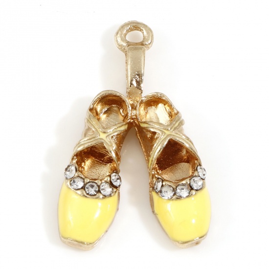 Picture of Zinc Based Alloy Clothes Charms Gold Plated Yellow Ballet Shoes Enamel Clear Rhinestone 16mm x 16mm, 5 PCs