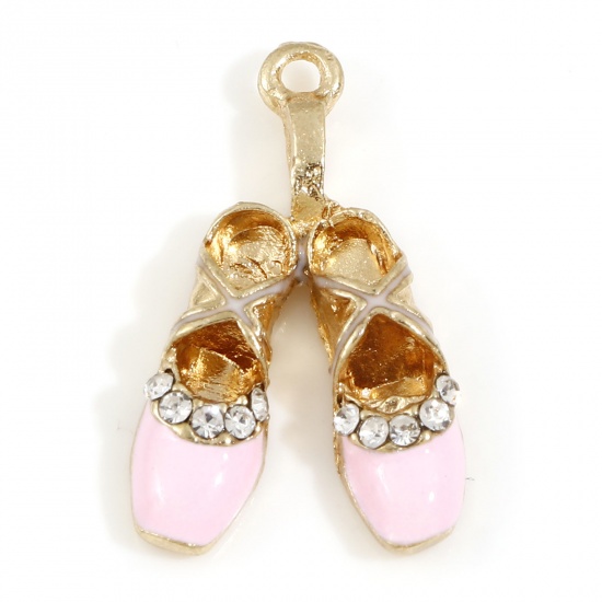 Picture of Zinc Based Alloy Clothes Charms Gold Plated Pink Ballet Shoes Enamel Clear Rhinestone 16mm x 16mm, 5 PCs