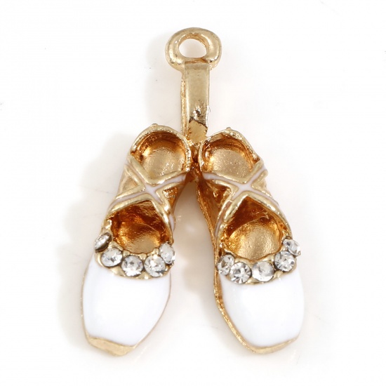 Picture of Zinc Based Alloy Clothes Charms Gold Plated White Ballet Shoes Enamel Clear Rhinestone 16mm x 16mm, 5 PCs