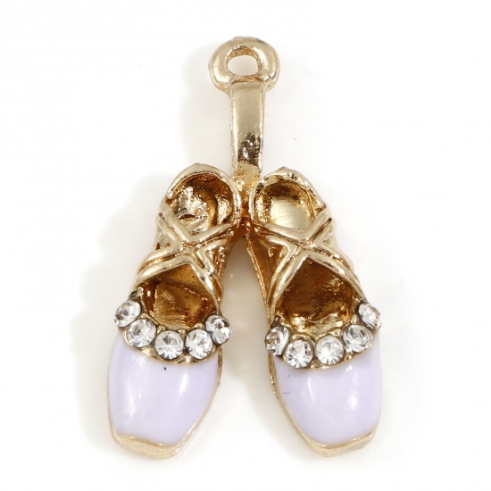 Picture of Zinc Based Alloy Clothes Charms Gold Plated Mauve Ballet Shoes Enamel Clear Rhinestone 16mm x 16mm, 5 PCs