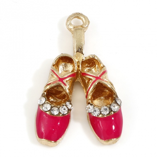 Picture of Zinc Based Alloy Clothes Charms Gold Plated Fuchsia Ballet Shoes Enamel Clear Rhinestone 16mm x 16mm, 5 PCs