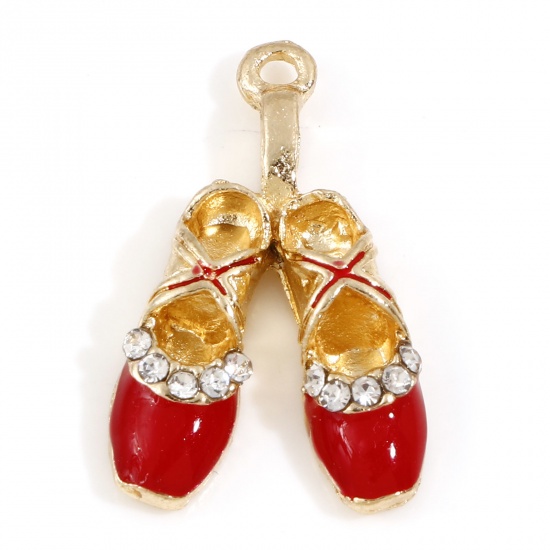 Picture of Zinc Based Alloy Clothes Charms Gold Plated Red Ballet Shoes Enamel Clear Rhinestone 16mm x 16mm, 5 PCs
