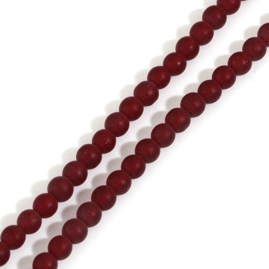 Picture of Glass Beads For DIY Charm Jewelry Making Round Wine Red Frosted About 6mm Dia, Hole: Approx 1.2mm, 37.5cm(14 6/8") long, 2 Strands (Approx 60 - 68 PCs/Strand)