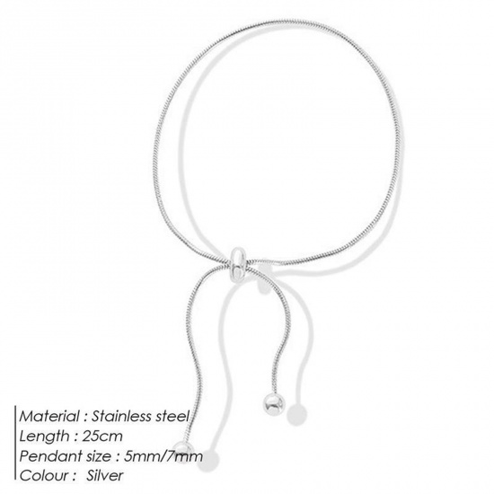 Picture of 316 Stainless Steel Snake Chain Adjustable Slider/ Slide Bolo Bracelets Silver Tone 25cm(9 7/8") long, 1 Piece