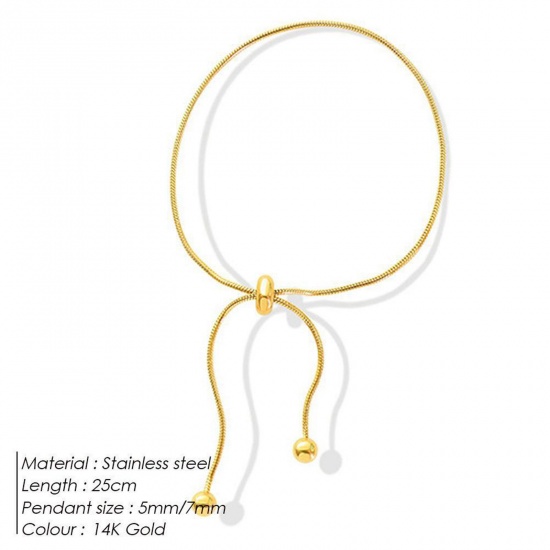Picture of 316 Stainless Steel Snake Chain Adjustable Slider/ Slide Bolo Bracelets Gold Plated 25cm(9 7/8") long, 1 Piece