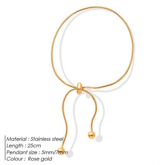 Picture of 316 Stainless Steel Snake Chain Adjustable Slider/ Slide Bolo Bracelets Rose Gold 25cm(9 7/8") long, 1 Piece