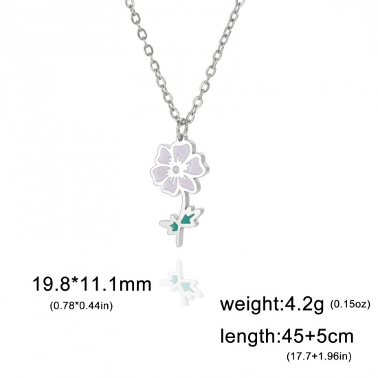 Picture of 304 Stainless Steel Birth Month Flower Link Cable Chain Necklace Silver Tone Cosmos Flower Enamel 45cm(17 6/8") long, 1 Piece