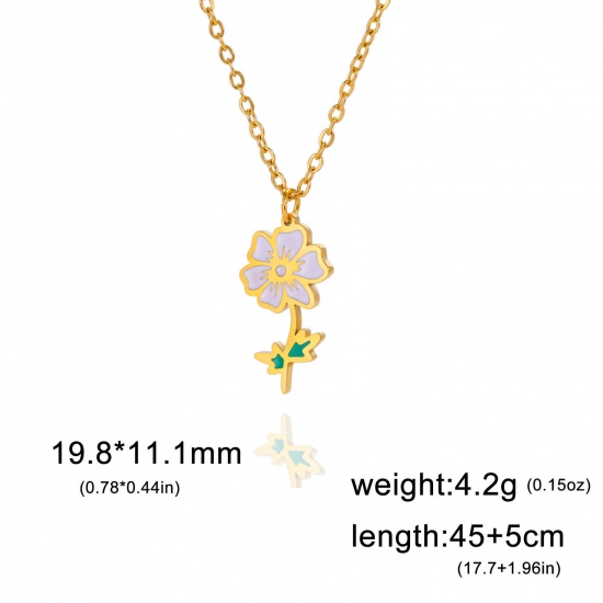 Picture of 304 Stainless Steel Birth Month Flower Link Cable Chain Necklace Gold Plated Cosmos Flower Enamel 45cm(17 6/8") long, 1 Piece
