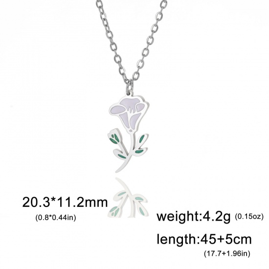 Picture of 304 Stainless Steel Birth Month Flower Link Cable Chain Necklace Silver Tone Morning Glory Flower Enamel 45cm(17 6/8") long, 1 Piece