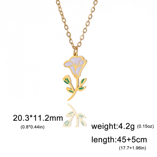 Picture of 304 Stainless Steel Birth Month Flower Link Cable Chain Necklace Gold Plated Morning Glory Flower Enamel 45cm(17 6/8") long, 1 Piece