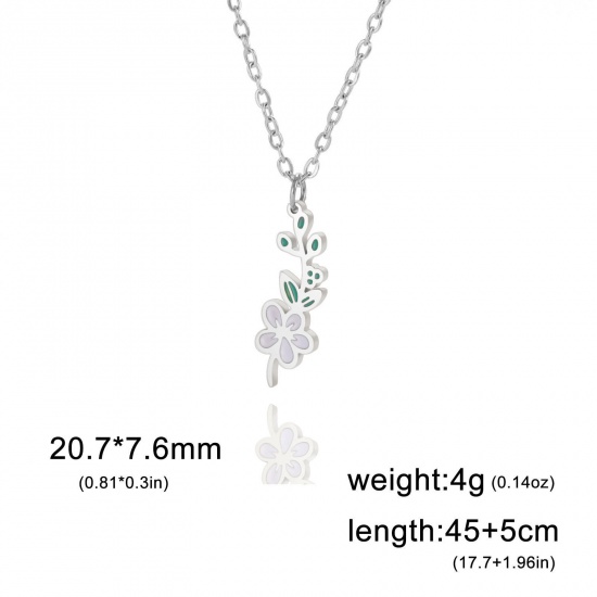Picture of 304 Stainless Steel Birth Month Flower Link Cable Chain Necklace Silver Tone Hawthorn Flower Enamel 45cm(17 6/8") long, 1 Piece