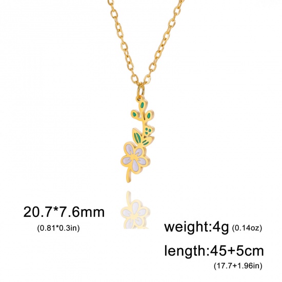 Picture of 304 Stainless Steel Birth Month Flower Link Cable Chain Necklace Gold Plated Hawthorn Flower Enamel 45cm(17 6/8") long, 1 Piece