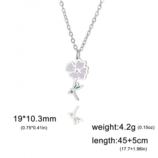 Picture of 304 Stainless Steel Birth Month Flower Link Cable Chain Necklace Silver Tone Poppy Enamel 45cm(17 6/8") long, 1 Piece