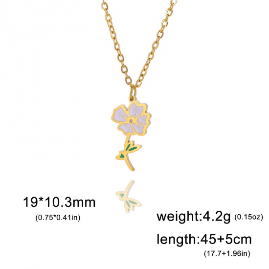 Picture of 304 Stainless Steel Birth Month Flower Link Cable Chain Necklace Gold Plated Poppy Enamel 45cm(17 6/8") long, 1 Piece