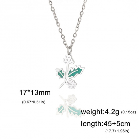 Picture of 304 Stainless Steel Birth Month Flower Link Cable Chain Necklace Silver Tone Christmas Holly Leaf Enamel 45cm(17 6/8") long, 1 Piece