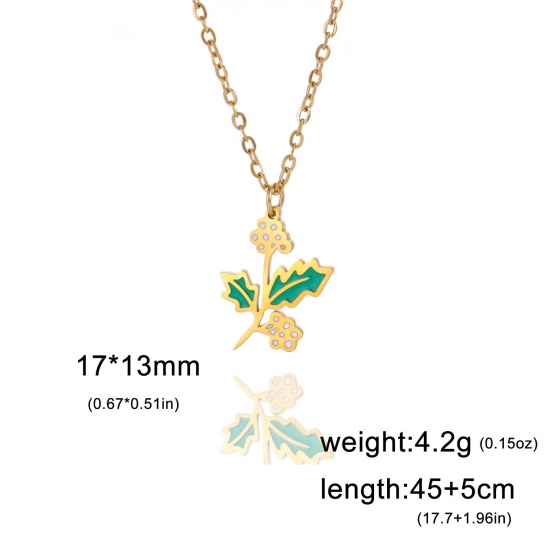 Picture of 304 Stainless Steel Birth Month Flower Link Cable Chain Necklace Gold Plated Christmas Holly Leaf Enamel 45cm(17 6/8") long, 1 Piece