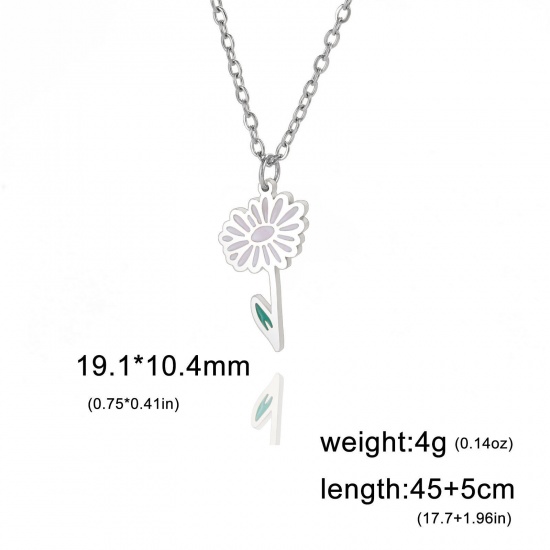 Picture of 304 Stainless Steel Birth Month Flower Link Cable Chain Necklace Silver Tone Daisy Flower Enamel 45cm(17 6/8") long, 1 Piece