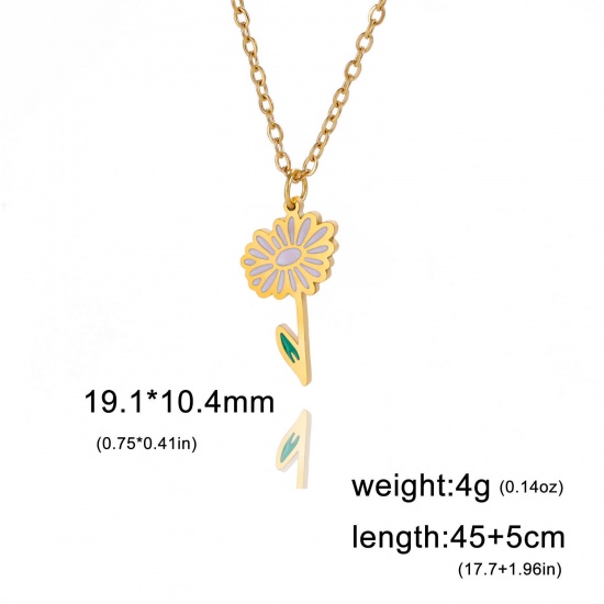 Picture of 304 Stainless Steel Birth Month Flower Link Cable Chain Necklace Gold Plated Daisy Flower Enamel 45cm(17 6/8") long, 1 Piece