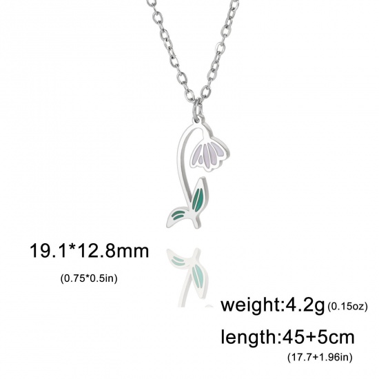 Picture of 304 Stainless Steel Birth Month Flower Link Cable Chain Necklace Silver Tone Snowdrop Enamel 45cm(17 6/8") long, 1 Piece