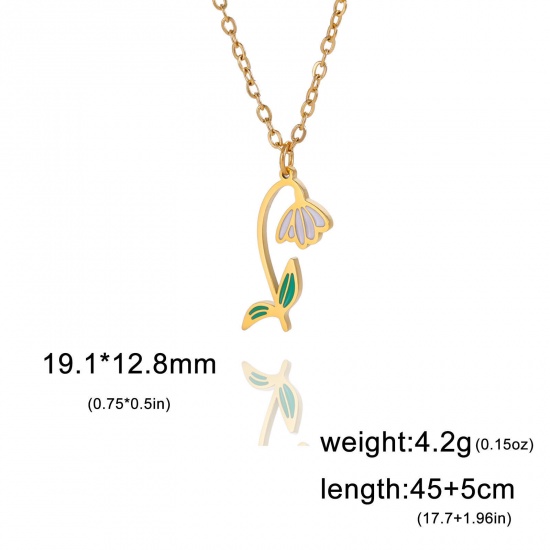 Picture of 304 Stainless Steel Birth Month Flower Link Cable Chain Necklace Gold Plated Snowdrop Enamel 45cm(17 6/8") long, 1 Piece