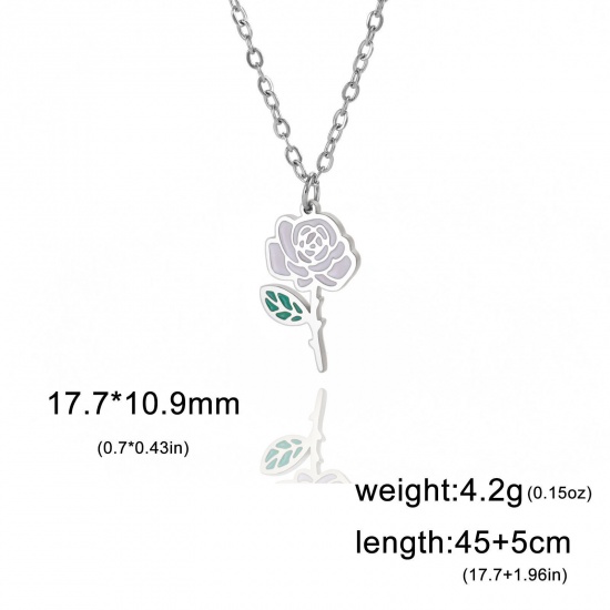 Picture of 304 Stainless Steel Birth Month Flower Link Cable Chain Necklace Silver Tone Rose Flower Enamel 45cm(17 6/8") long, 1 Piece