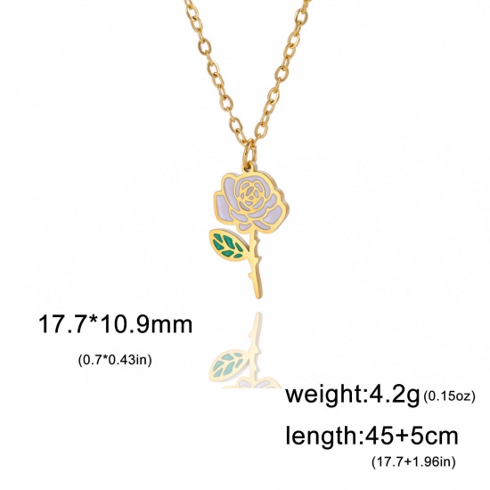 Picture of 304 Stainless Steel Birth Month Flower Link Cable Chain Necklace Gold Plated Rose Flower Enamel 45cm(17 6/8") long, 1 Piece