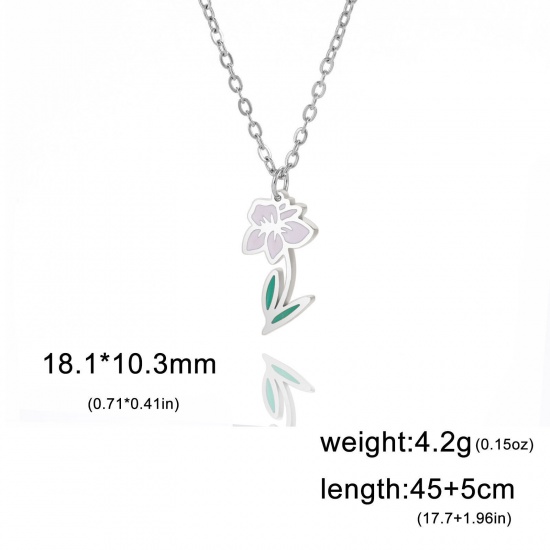 Picture of 304 Stainless Steel Birth Month Flower Link Cable Chain Necklace Silver Tone Narcissus Flower Enamel 45cm(17 6/8") long, 1 Piece