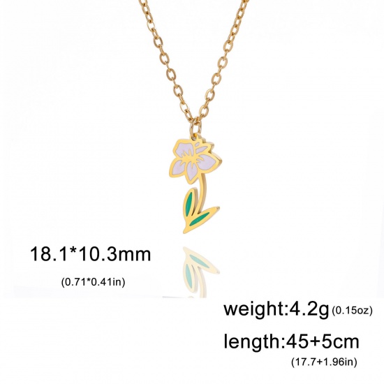 Picture of 304 Stainless Steel Birth Month Flower Link Cable Chain Necklace Gold Plated Narcissus Flower Enamel 45cm(17 6/8") long, 1 Piece