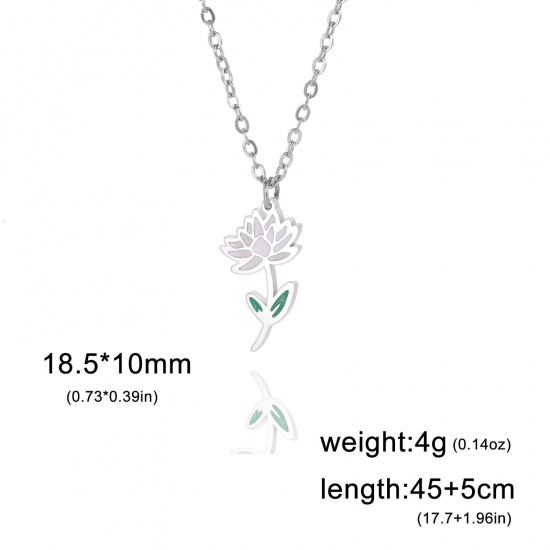 Picture of 304 Stainless Steel Birth Month Flower Link Cable Chain Necklace Silver Tone Chrysanthemum Flower Enamel 45cm(17 6/8") long, 1 Piece