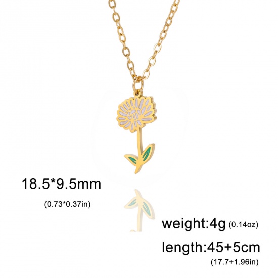 Picture of 304 Stainless Steel Birth Month Flower Link Cable Chain Necklace Gold Plated Chrysanthemum Flower Enamel 45cm(17 6/8") long, 1 Piece
