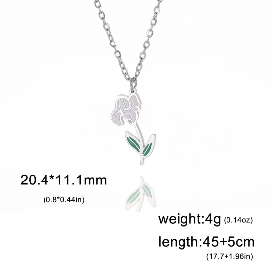Picture of 304 Stainless Steel Birth Month Flower Link Cable Chain Necklace Silver Tone Iris Flower Enamel 45cm(17 6/8") long, 1 Piece