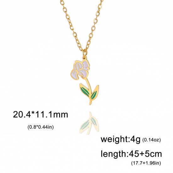 Picture of 304 Stainless Steel Birth Month Flower Link Cable Chain Necklace Gold Plated Iris Flower Enamel 45cm(17 6/8") long, 1 Piece