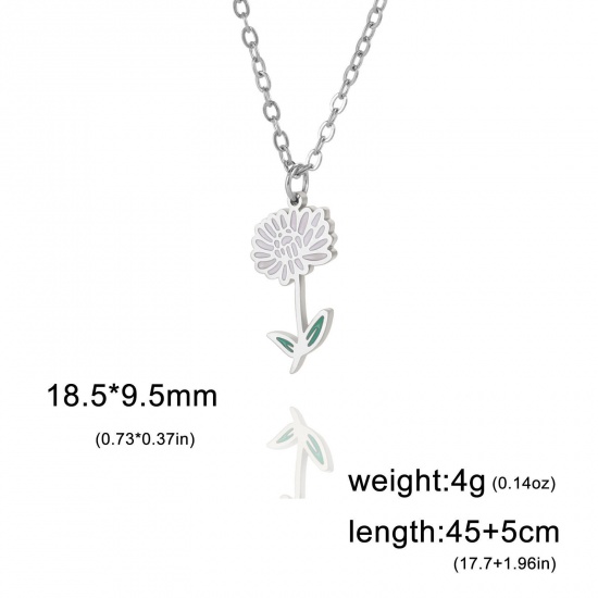 Picture of 304 Stainless Steel Birth Month Flower Link Cable Chain Necklace Silver Tone Lotus Flower Enamel 45cm(17 6/8") long, 1 Piece