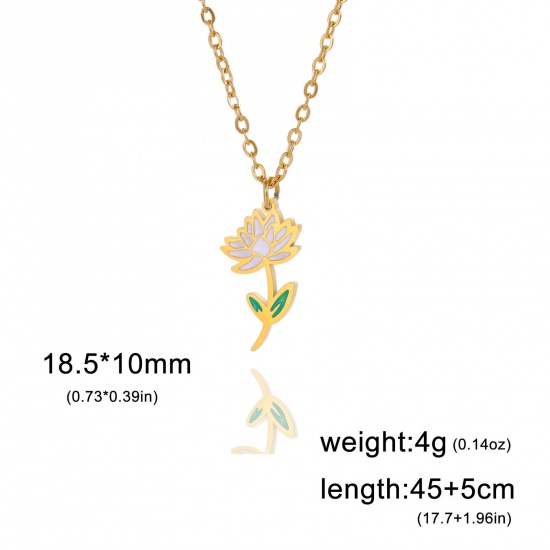 Picture of 304 Stainless Steel Birth Month Flower Link Cable Chain Necklace Gold Plated Lotus Flower Enamel 45cm(17 6/8") long, 1 Piece