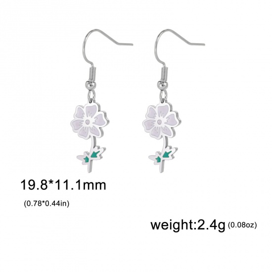 Picture of 304 Stainless Steel Birth Month Flower Earrings Silver Tone Cosmos Flower Enamel 20mm x 11mm, Post/ Wire Size: (21 gauge), 1 Pair
