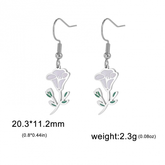 Picture of 304 Stainless Steel Birth Month Flower Earrings Silver Tone Morning Glory Flower Enamel 20mm x 11mm, Post/ Wire Size: (21 gauge), 1 Pair