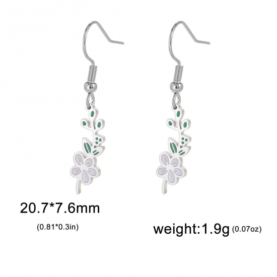 Picture of 304 Stainless Steel Birth Month Flower Earrings Silver Tone Hawthorn Flower Enamel 20mm x 11mm, Post/ Wire Size: (21 gauge), 1 Pair