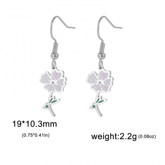 Picture of 304 Stainless Steel Birth Month Flower Earrings Silver Tone Poppy Enamel 20mm x 11mm, Post/ Wire Size: (21 gauge), 1 Pair