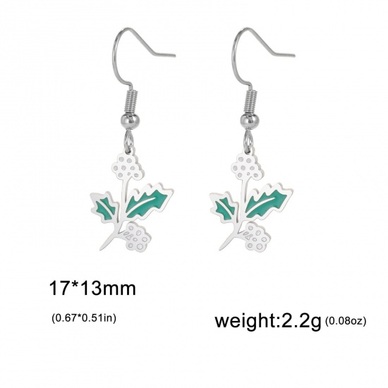 Picture of 304 Stainless Steel Birth Month Flower Earrings Silver Tone Christmas Holly Leaf Enamel 20mm x 11mm, Post/ Wire Size: (21 gauge), 1 Pair