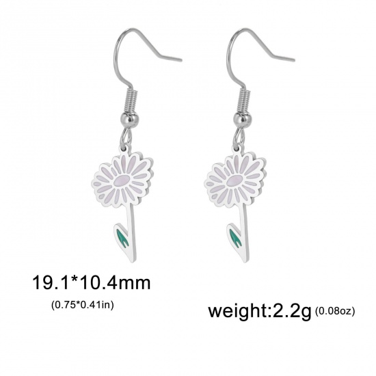 Picture of 304 Stainless Steel Birth Month Flower Earrings Silver Tone Daisy Flower Enamel 20mm x 11mm, Post/ Wire Size: (21 gauge), 1 Pair
