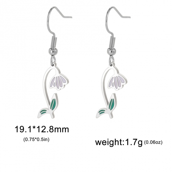 Picture of 304 Stainless Steel Birth Month Flower Earrings Silver Tone Snowdrop Enamel 20mm x 11mm, Post/ Wire Size: (21 gauge), 1 Pair