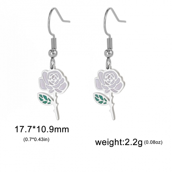 Picture of 304 Stainless Steel Birth Month Flower Earrings Silver Tone Rose Flower Enamel 20mm x 11mm, Post/ Wire Size: (21 gauge), 1 Pair