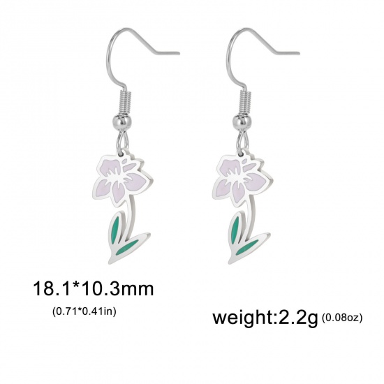Picture of 304 Stainless Steel Birth Month Flower Earrings Silver Tone Narcissus Flower Enamel 20mm x 11mm, Post/ Wire Size: (21 gauge), 1 Pair