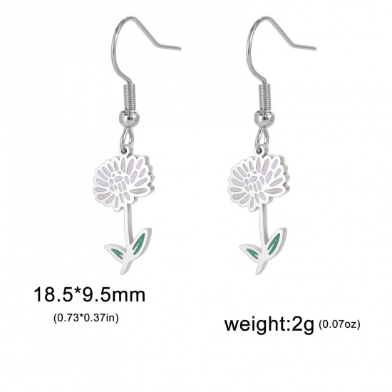 Picture of 304 Stainless Steel Birth Month Flower Earrings Silver Tone Chrysanthemum Flower Enamel 20mm x 11mm, Post/ Wire Size: (21 gauge), 1 Pair