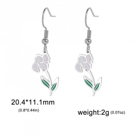 Picture of 304 Stainless Steel Birth Month Flower Earrings Silver Tone Iris Flower Enamel 20mm x 11mm, Post/ Wire Size: (21 gauge), 1 Pair