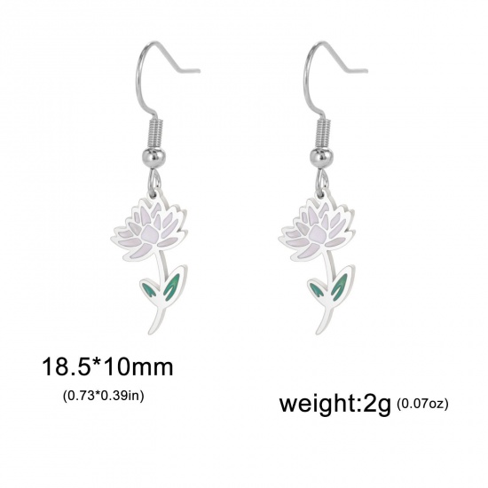 Picture of 304 Stainless Steel Birth Month Flower Earrings Silver Tone Lotus Flower Enamel 20mm x 11mm, Post/ Wire Size: (21 gauge), 1 Pair